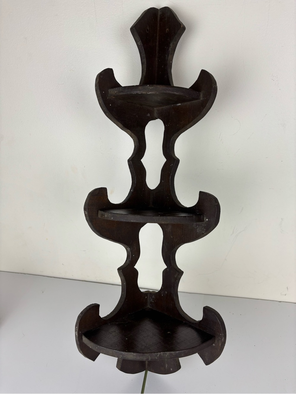 Antique Wooden Corner Display Shelf-Folk Art /Whimsical-Dark Brown
